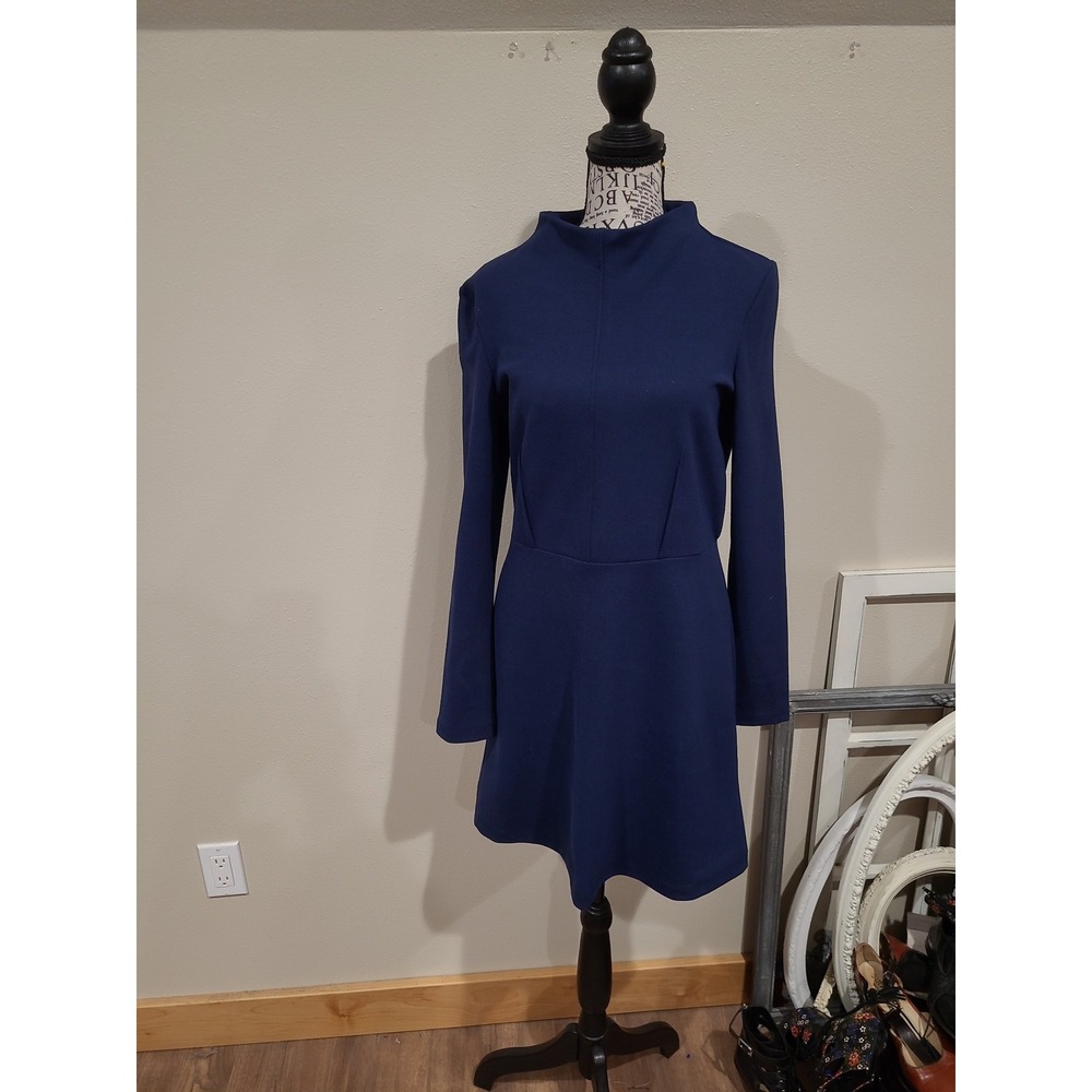 TOPSHOP funnel neck Navy knit dress  sleeve fit & flare Women SZ 8 office career